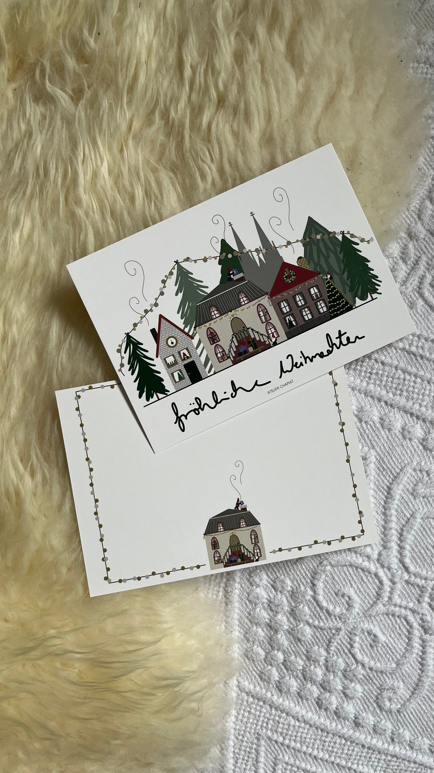 Kölner Weihnachtskarte mit dem Dom und den Heinzelmännchen